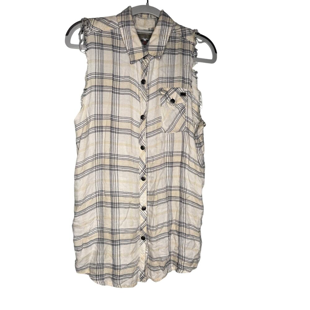 Harley Davidson cream and black plaid back‎ spell out sleeve cut off top